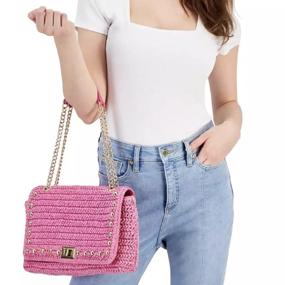 INC International Concepts Handbags - INC International Ajae Soft Crochet Straw Medium Studded Shoulder Bag